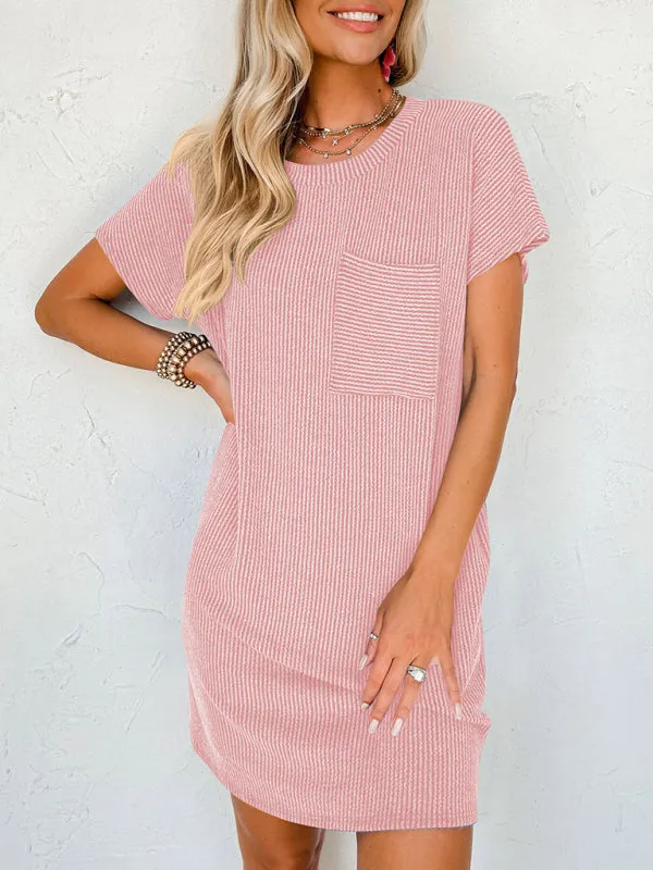 Women’s Short Sleeve Striped Midi Dress with Pocket