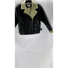 ZARA Girls Black/Beige Faux-Leather/Sherling Asymmetrical Zip-Up Jacket SZ 10